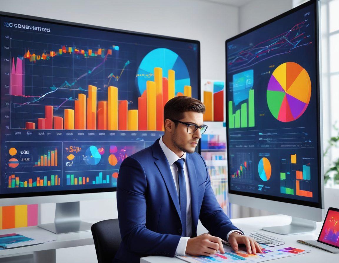 A dynamic scene depicting a confident business professional analyzing complex bid data on a large screen, with colorful charts and graphs illustrating e-commerce metrics. Surround the character with various online shopping icons and abstract representations of success, like trophies and upward arrows. Use a modern office environment filled with tech gadgets to highlight the theme of digital strategy. super-realistic. vibrant colors. 3D.